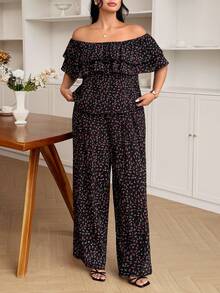 Modelyn Random Floral Bubble Wrinkle Print Square Neck Ruffle Ditsy Floral Blouse Paired With Wide Leg Pants Fashion Elegant Romantic Plus Size 2pcs Set - Black - View 7