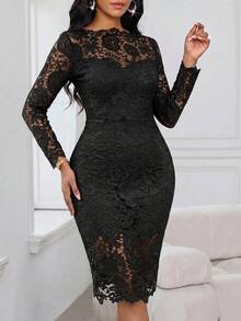 SHEIN Lady Vestido Elegante de Moda Ajustado com Manga Longa e Renda de Cor Sólida para Mulheres - Preto - Visão 1