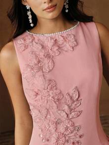 Anewsta Women's Summer Sleeveless Embroidered Floral Sky Blue Pearl Pleated Elegant New Style Spring/Summer Dress - Pink - View 1