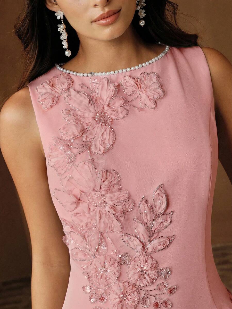 Anewsta Women's Summer Sleeveless Embroidered Floral Sky Blue Pearl Pleated Elegant New Style Spring/Summer Dress - Pink - View 1