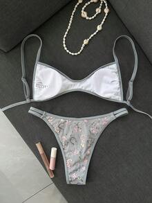 Costavie 女款 2 件組夏季海灘比基尼套裝，亮片刺繡布料，後綁帶細肩帶上衣與比基尼泳褲，海邊泳裝 - 灰色 - 查看 3