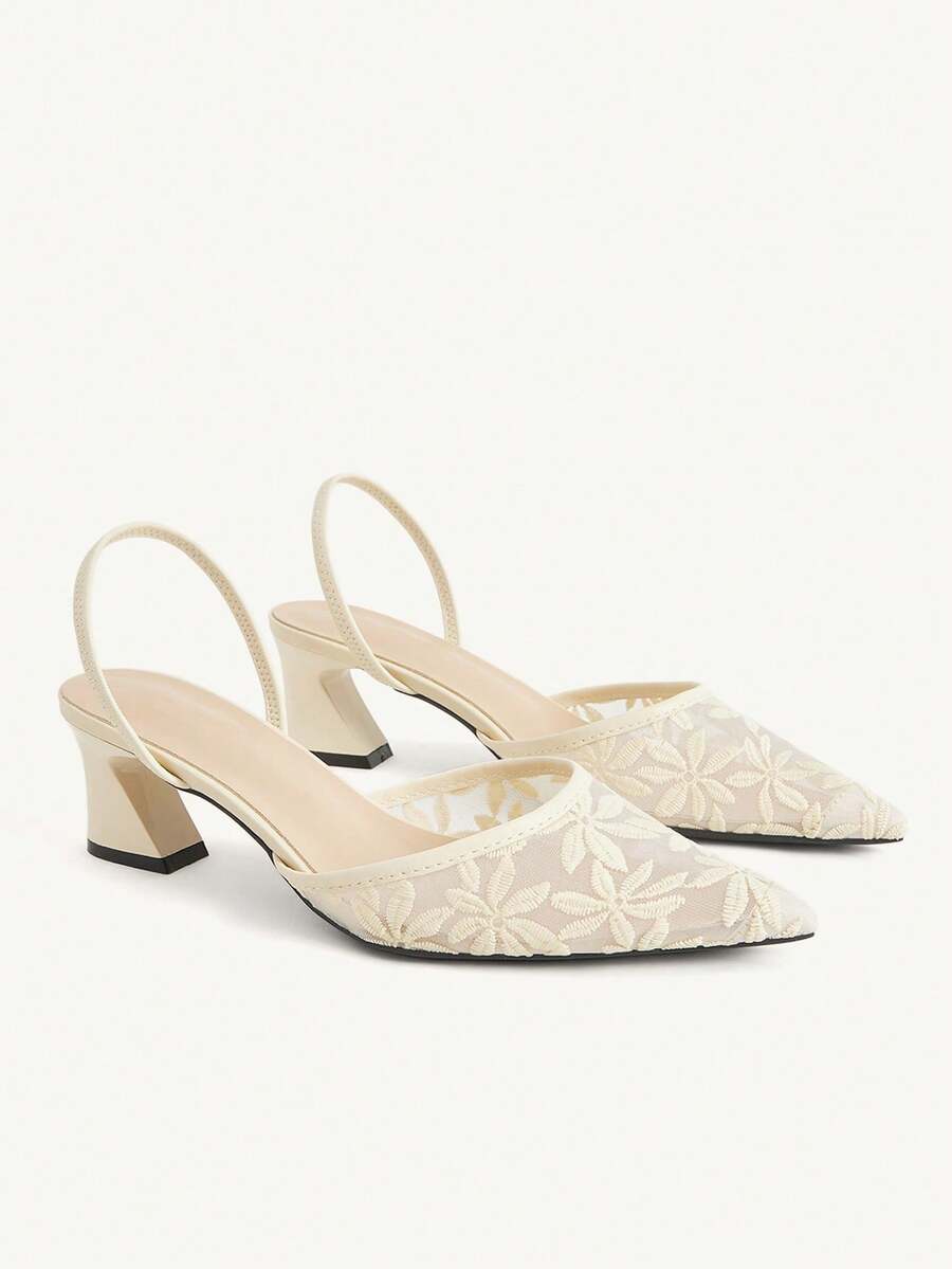 CUCCOO CHICEST 女款時尚優雅通勤刺繡網面尖頭高跟鞋 婚禮鞋 夏季鞋 新娘鞋 - 杏色 - 查看 1