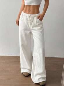 SHEIN Jeanoir Women's Casual Solid Color Drawstring Waist Slant Pocket Straight Leg Jeans - White - View 3