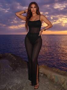 SHEIN Glamour 2026 Spring/Summer New Black Textured Pleated Mesh Jumpsuit, Sexy Rave Spaghetti Strap Slit Flare Leg Pants, Resort Vacation Outfit Beach - Black - View 4