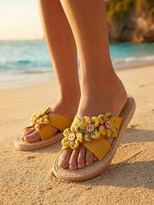 Swim Chiccia Floral Appliques Espadrille Slides,Beach Outfits,Slippers Women - Yellow - View 2