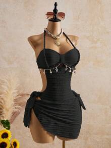 Bellisia 26SS Musim Semi/Panas Liburan Aprikot Vintage Leher Persegi Ramping Tali Kepang Bintang Laut Cangkang Halter Baju Renang Satu Potong Atasan & Rok 2 Potong - Hitam - View 4