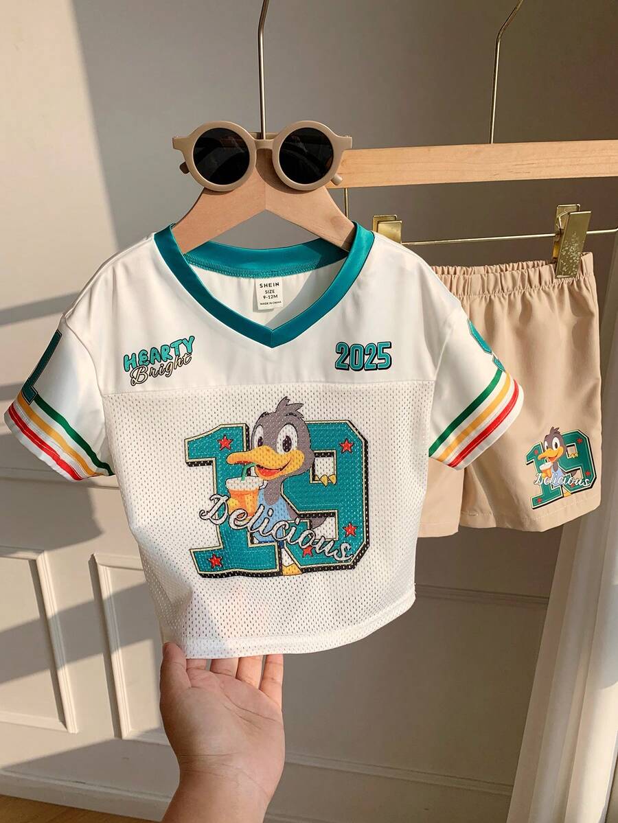 SHEIN 2pcs/Set Baby Boy Sports Casual Summer Comfortable Printed Pattern T-Shirt & Elastic Waist Shorts Set, Sports Outfit, Baby Boy Set, Summer Set, Cute Set, Cartoon Set - Multicolor - View 1