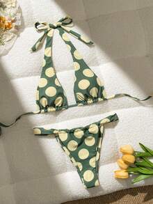 Swim Vcay Women's Vacation Polka Dot Triangle Cup Tie Bow High Leg Two-Piece Swimsuit Set Beach Green Tropical Summer - Green - View 5
