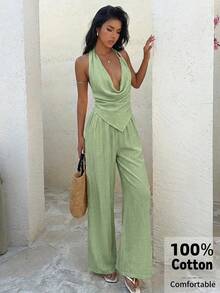 Aloruh Bộ 2 món thời trang công sở thanh lịch tối giản mùa Xuân/Hè, chất liệu linen pha màu sắc nhẹ nhàng, phù hợp cho lễ hội âm nhạc, Lễ Phục sinh, Ngày Thánh Patrick, phong cách Western, phong cách Nomad, tiệc sinh nhật, lễ tốt nghiệp, phong cách Preppy, trang phục sinh viên, mặc hàng ngày, mặc thường ngày, đi nghỉ, đi du thuyền, đi biển, tắm nắng, hàng bán chạy, phong cách đường phố, khách mời đám cưới, phong cách Bohemian, đi làm, đi ăn sáng muộn, trang phục sân bay, áo crop top nâu vân kết nút bất đối xứng và quần ống rộng linen - màu xanh lá - Xem 5