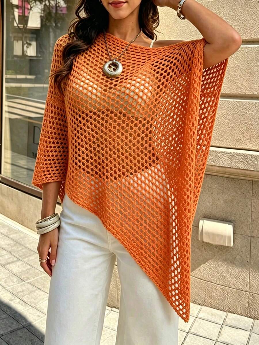 SHEIN Franclia Women's Solid Color Hollow Out Drop Shoulder Asymmetrical Hem Loose Sweater - Burnt Orange - View 1