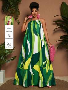 Maweii Robe trapèze à bretelles spaghetti avec imprimé lignes pour femmes grandes tailles, multicolore, vacances, tenue de villégiature, tenue de vacances d'été, robe de vacances - Multicolore - Voir 1