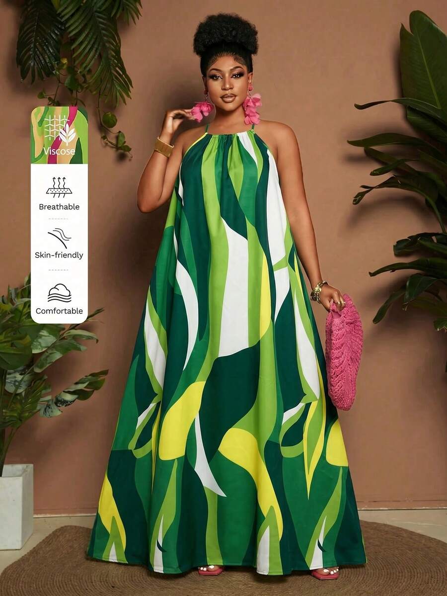 Maweii Robe trapèze à bretelles spaghetti avec imprimé lignes pour femmes grandes tailles, multicolore, vacances, tenue de villégiature, tenue de vacances d'été, robe de vacances - Multicolore - Voir 1