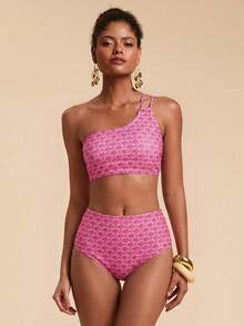 Travachic Women's Summer Beach One-Shoulder All-Over Print Bikini And Triangle Bottoms Two-Piece Swimsuit Set - Pink - View 3