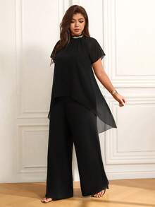Femmeverse Women's Plus Size Pleated Halter Neck Sequin Patchwork New Raglan Sleeve Two Pieces Set High Waist Loose Wide Leg Pants Long Pants Set - Black - View 8
