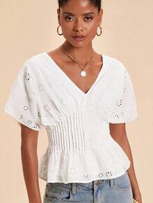 Travachic Women's Vacation Casual Romantic Solid Color Hollow Embroidery Batwing Sleeve Waist-Defining Top Vacation White Summer - White - View 4