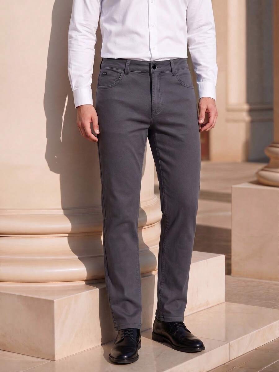 Officeau Herren Hose mit schräger Tasche und geradem Bein ohne Gürtel, Herbst - Dunkelgrau - Übersicht 1