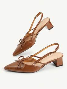 CUCCOO CHICEST Brown Pointed Bow Slingback Thick Heel Sandals, Workplace Commuting Temperament Shoes - Avocado Brown - View 9