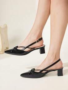 CUCCOO CHICEST Black Pointed Toe Bow Slingback Thick Heel Sandals, Workplace Commuting Temperament Shoes - Three knives black - View 2