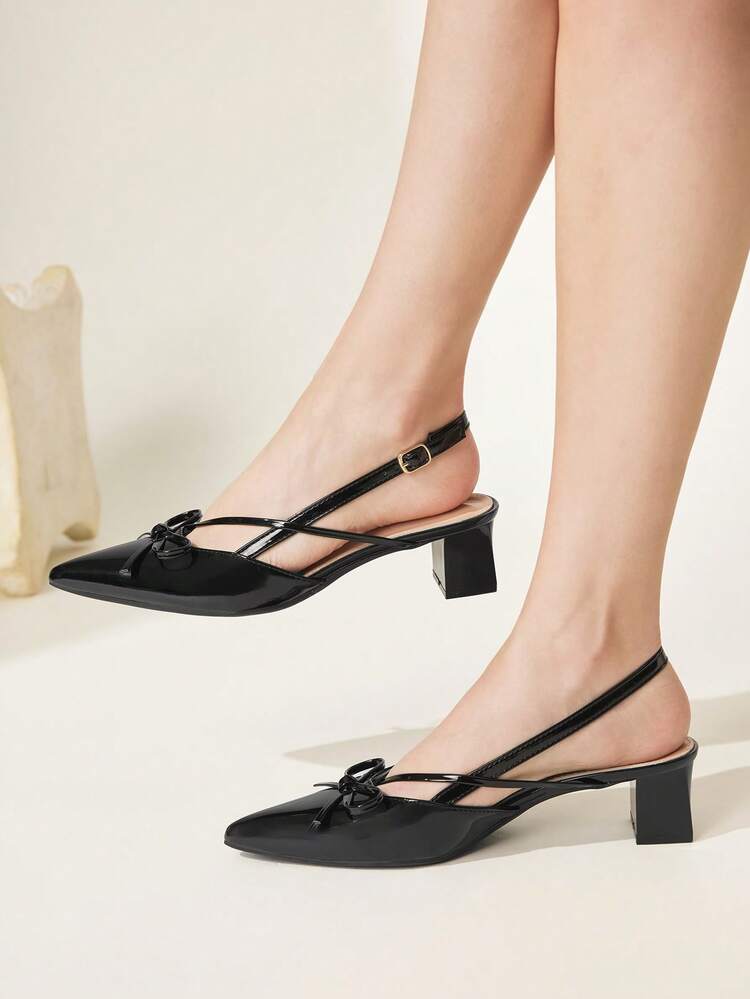 CUCCOO CHICEST Black Pointed Toe Bow Slingback Thick Heel Sandals, Workplace Commuting Temperament Shoes