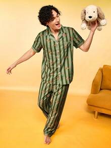 Notgurli Striped Print Open Front Lapel Short Sleeve Long Pants Men's Loungewear Pajama 2 Pieces Set - Multicolor - View 1