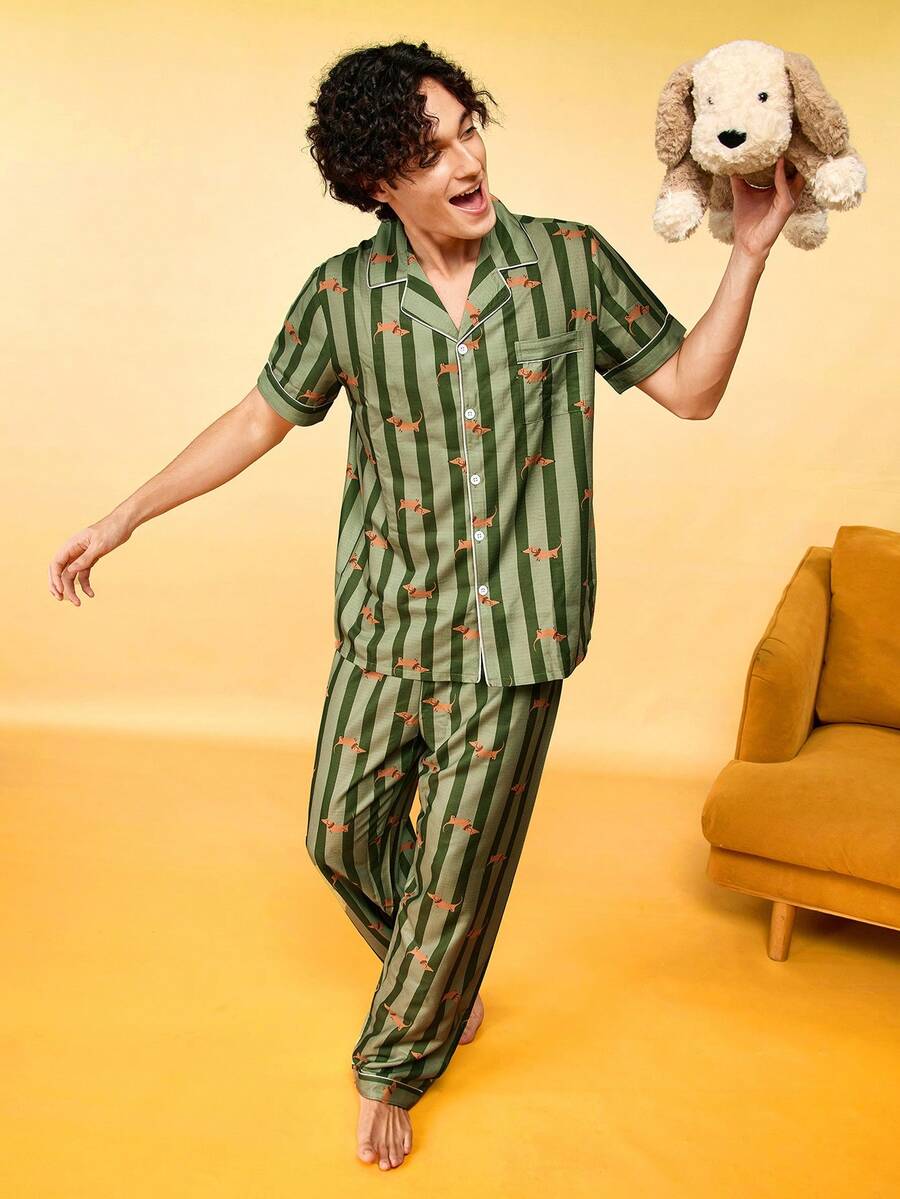Notgurli Striped Print Open Front Lapel Short Sleeve Long Pants Men's Loungewear Pajama 2 Pieces Set - Multicolor - View 1