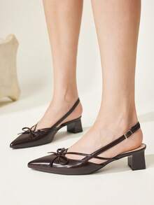 CUCCOO CHICEST Dark Brown Pointed Bow Slingback Thick Heel Sandals, Workplace Commuting Temperament Shoes - Avocado dark brown - View 4