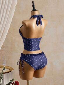 Swim Mod 夏季海灘女款兩件式泳衣套裝，黑白波點印花百褶荷葉邊上衣搭配雙側抽繩比基尼泳褲 - 藏蓝色 - 查看 2