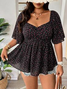 Vionelle Blus Ukuran Besar Kasual Serbaguna Motif Bunga Kecil Pinggang Lebar Lengan Berkerut Elegan untuk Liburan Warna Hitam - Hitam - View 4