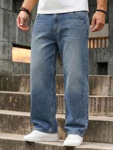 DAZY Washed Distressed Straight Leg Zipper Pocket Plus Size Men's Jeans Fall - Blue - View 6