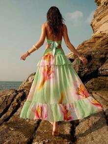 Bonvoyette Women's 2-Piece Set, Random Print Halter Backless Top And Beach Vacation Layered Ruffle Hem Skirt, Spring/Summer - Multicolor - View 2