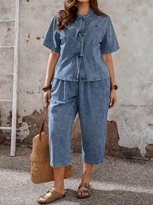 EMERY ROSE EMERY ROSE Plus Size Women's Dark Blue Washed Denim 2-Piece Set,Summer Casual Vacation Button-Front Short Sleeve Mandarin Collar Top & Elastic Waist Culottes - Blue - View 7