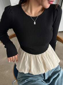 DAZY Women Crew Neck Colorblock Long Sleeve T-Shirt,Ruffle,Fall Clothes - Black and White - View 11