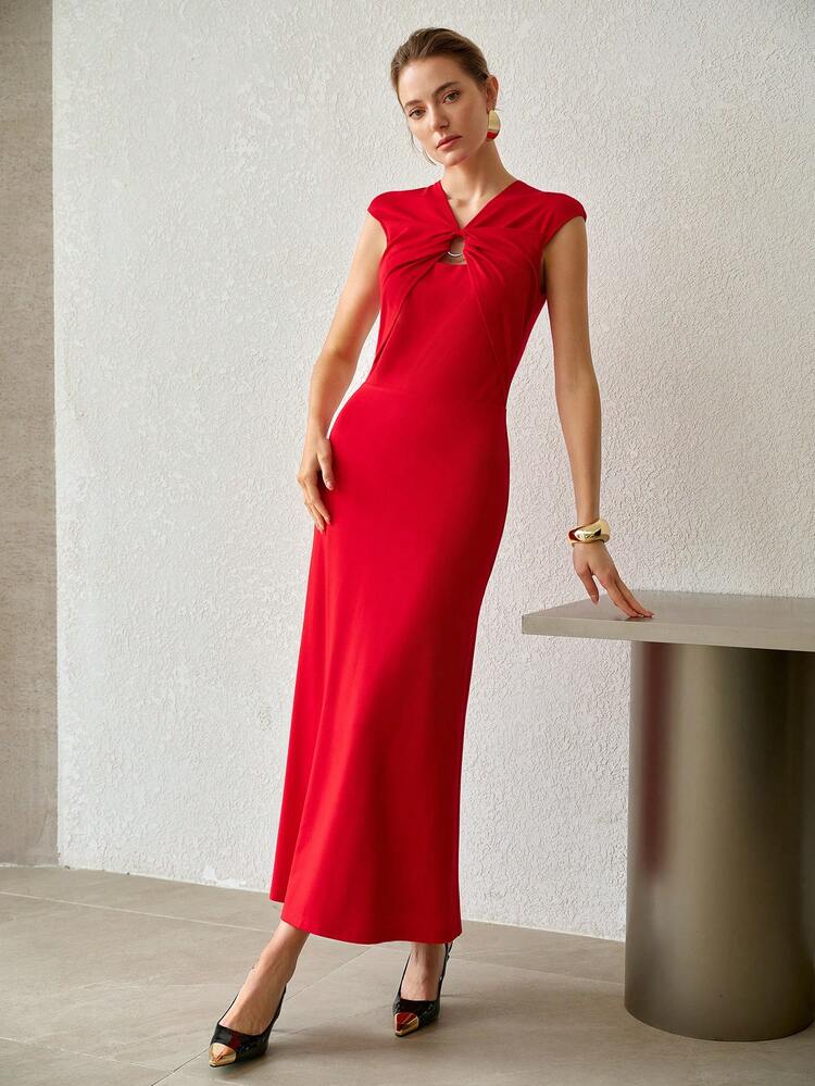 SPRING/SUMMER WOMEN'S ELEGANT COMMUTE RED RUCHED MIDI DRESS