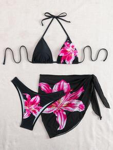 Swim Vcay Conjunto de bikini con estampado floral y falda de cobertura para mujer, vacaciones de verano en la playa, estampado aleatorio, conjunto de 3 piezas - Negro - Ver 3