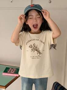 Dazy Kids 圓領套頭寬鬆印花撞色女童T恤 夏季 - 杏色 - 查看 1