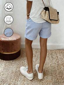 EMERY ROSE Women's Loose Striped Shorts With Pockets, Casual Vacation Style - Blue and White - View 2