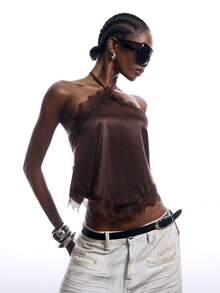 LYSMO Women's Summer Vintage Sexy Contrast Lace Asymmetric Hem Halter Neck Top Going Out Night Out Date Night Dark Brown - Coffee Brown - View 5