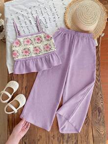Emery Rose Kids Emery Rose Kids 女童钩针花卉荷叶边吊带背心和裤子套装 - 紫色 - 查看 6