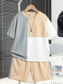 SHEIN 2pcs/Set Kids Tween Boy Casual Colorblock Crew Neck Short Sleeve T-Shirt And Shorts Set, Suitable For Commuting, School, Daily Casual, Outings, Sports, Spring/Summer, Beach Vacation - Khaki - View 4