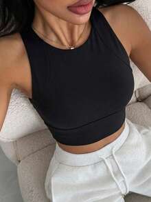 DAZY Solid Color Seamless Wide Strap Padded Slight Push-Up Bra Women's Sports Bra - Black - View 3