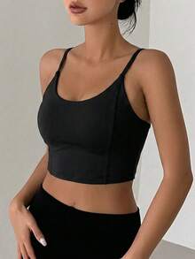 DAZY Áo ngực thể thao nữ không đường may, dây quai mảnh, nâng ngực nhẹ, màu trơn - màu đen - Xem 3