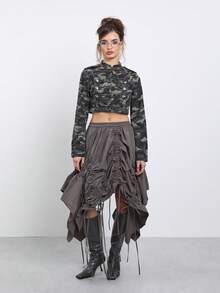 COUREZ Shrunken Long Sleeve Camo Drummer Military Jacket Y2K Streetwear Autumn Rave Fall Women's Denim Jean Summer Outfits Everyday Grey Camo - Multicolor - View 1