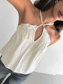 Aloruh 女款優雅度假風刺繡蕾絲飾邊細肩帶背心上衣 - 卡其色 - 查看 6