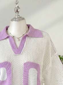 SHEIN EZwear 女款大尺碼夏季時尚對比色翻領字母圖案鏤空針織上衣 - 淡紫色 - 查看 4