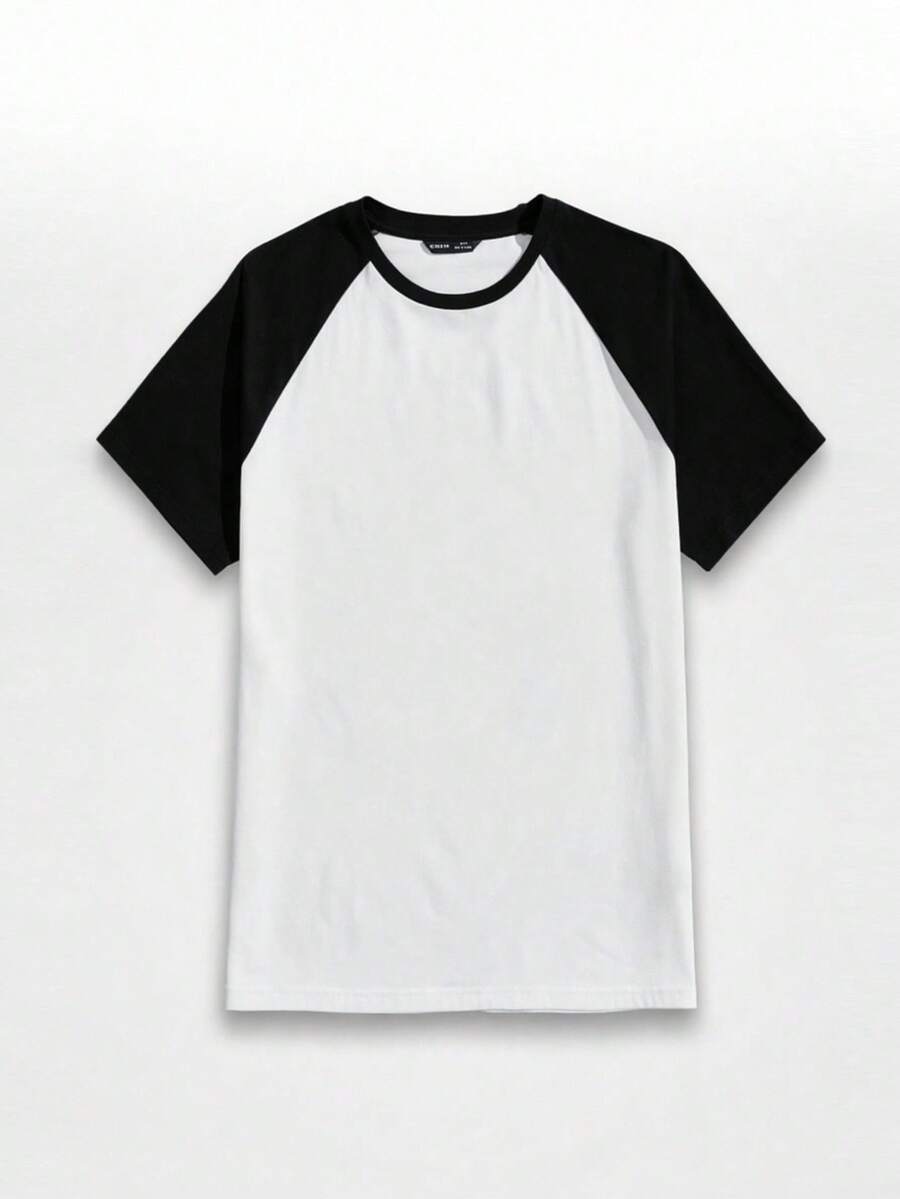 Manfinity RebelGame Men Summer Casual Round Neck Knitted Raglan Sleeve Short-Sleeved T-Shirt, Vacation, Father's Day Gifts - Black and White - View 1