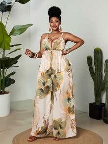 Maweii Damen Große Größen Set aus geraffeltem Cami Top-Top mit Blume Muster und weiter Hose, Lässig Outfit - Verschiedenfarbig - Übersicht 5