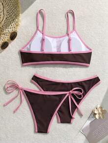 Swim Mod 2025 Women's New 3-Piece Set Spaghetti Strap Wire-Free Solid Color Shoulder Strap Separate Double Bikini Swimsuit - Brown - View 3