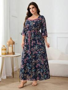 Al Najma 大码女式甜心领中袖开衩印花阿拉伯风格连衣裙 - 藏蓝色 - 查看 7
