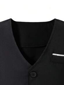 SHEIN 6件套青少年男孩绅士套装：长袖翻领夹克、翻领背心、长袖翻领衬衫、长裤、领结、领带。优雅正式的生日派对、婚礼、周年纪念、洗礼、花童装 - 黑色 - 查看 5