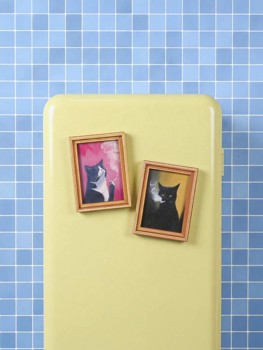 Joivida 1Pc/2Pcs Fun Cat Photo Frame Fridge Magnet, Retro Wooden 3D Printed Magnetic Sticker, Creative Retro Oil Painting Style Fridge Decor Stickers - multicolor - View 1